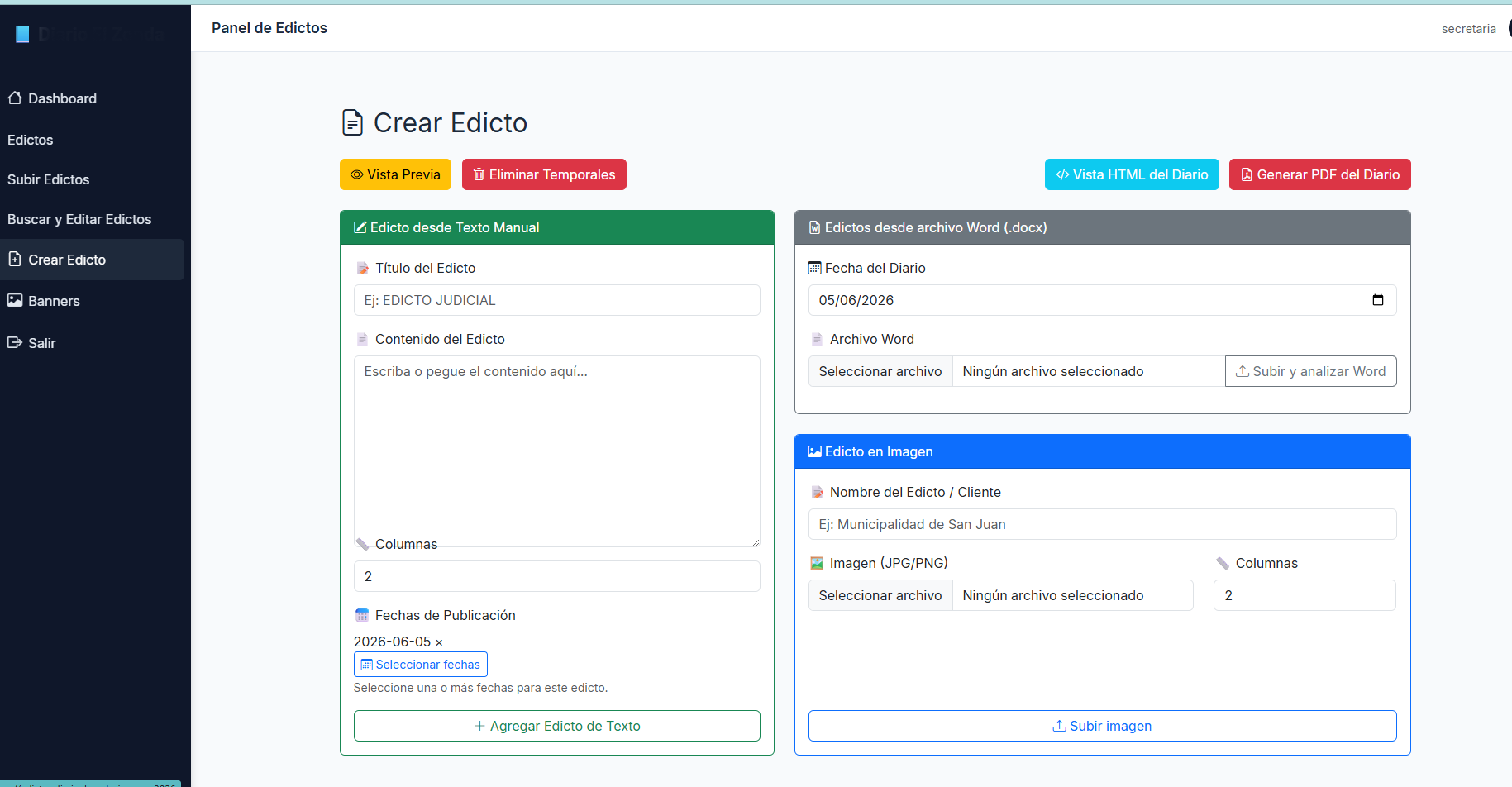 Panel de edictos: crear edicto desde texto o desde archivo Word