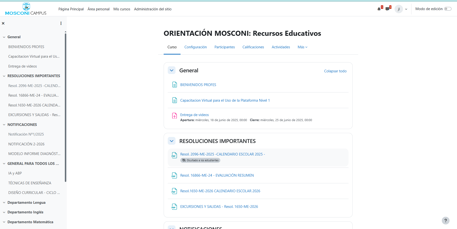 Campus Moodle con el branding de un colegio (Mosconi Campus)
