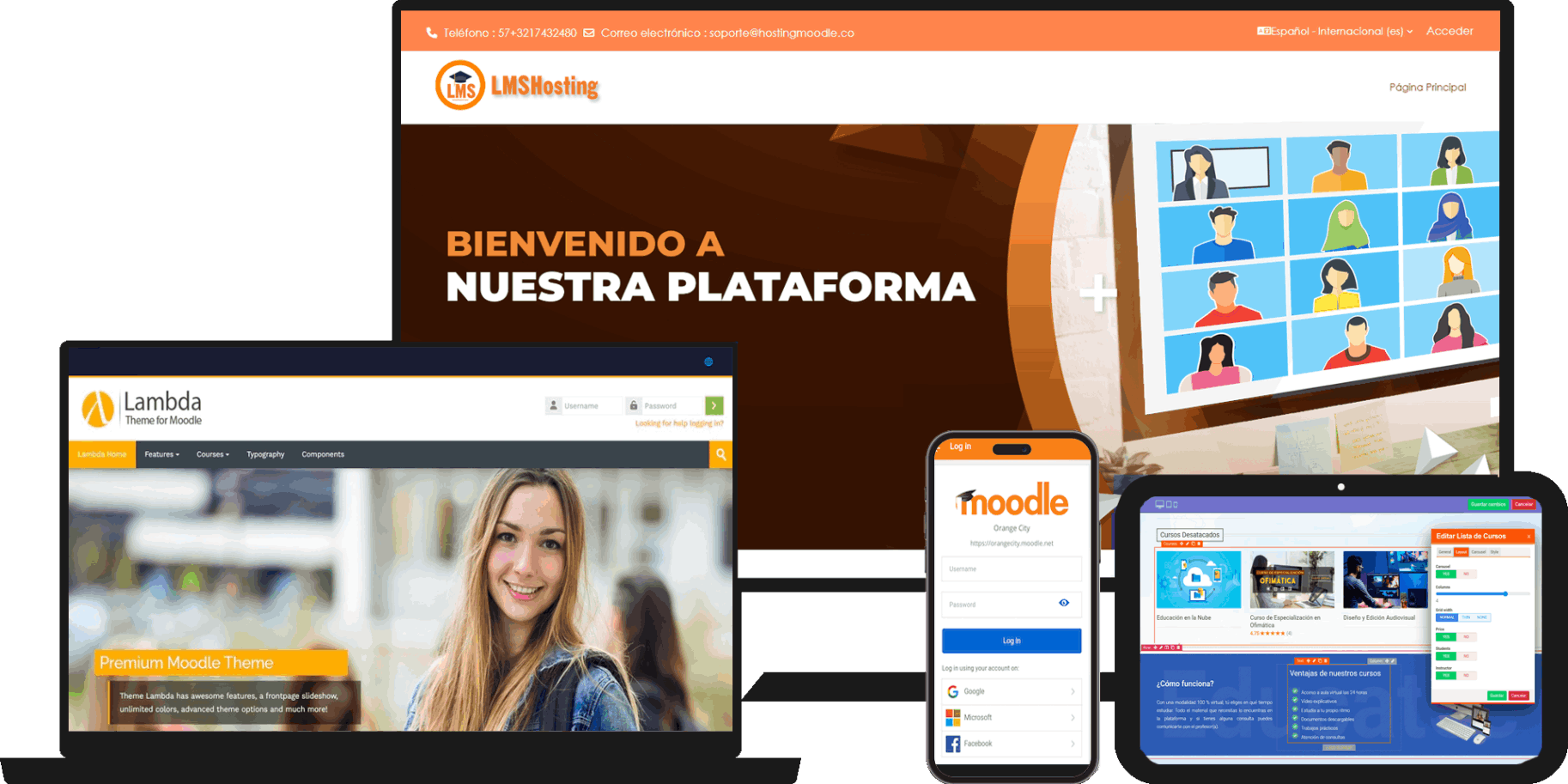 Moodle con tema institucional en computadora, tablet y celular