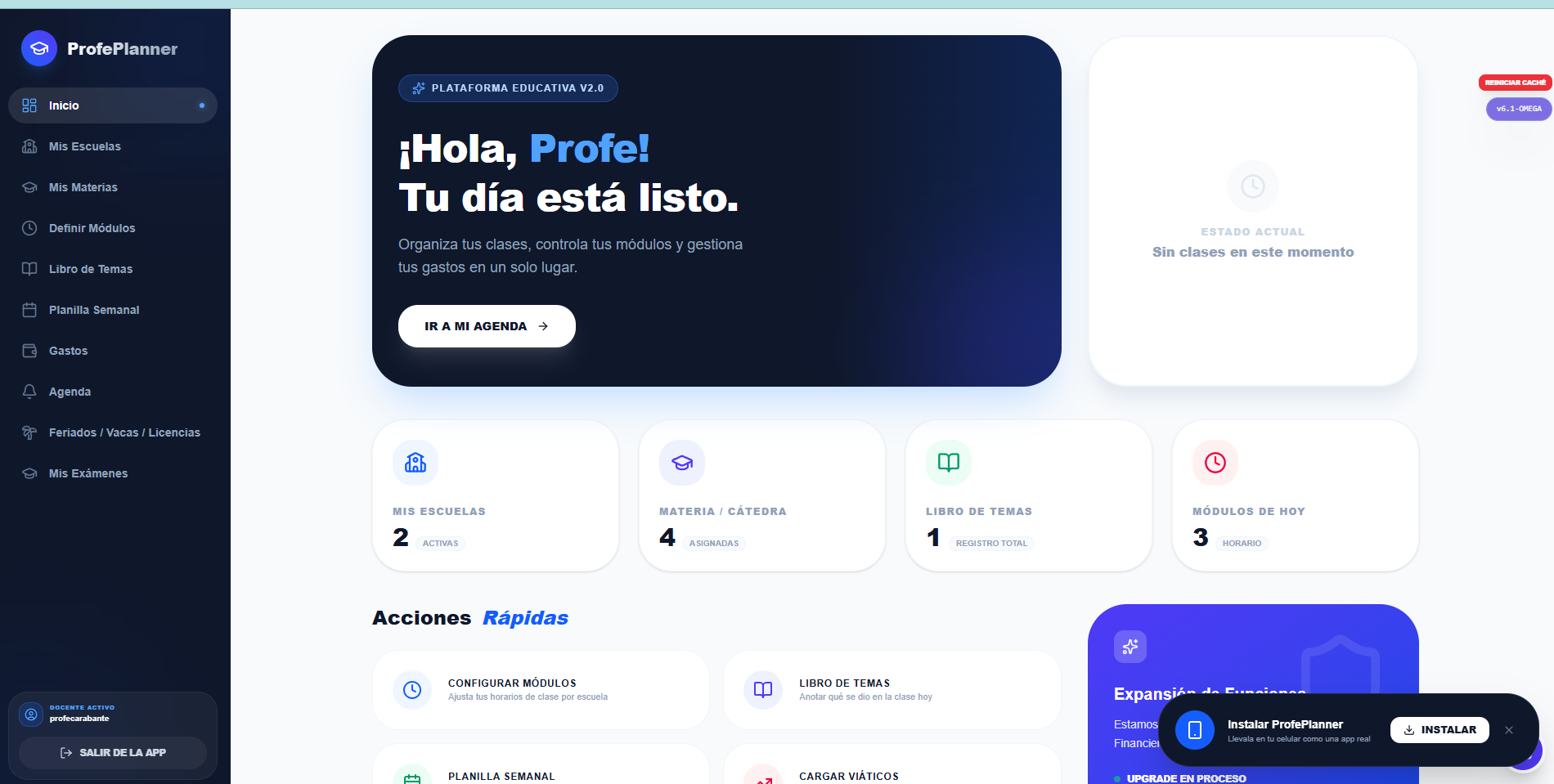 Tablero de ProfePlanner con escuelas, materias y agenda del docente