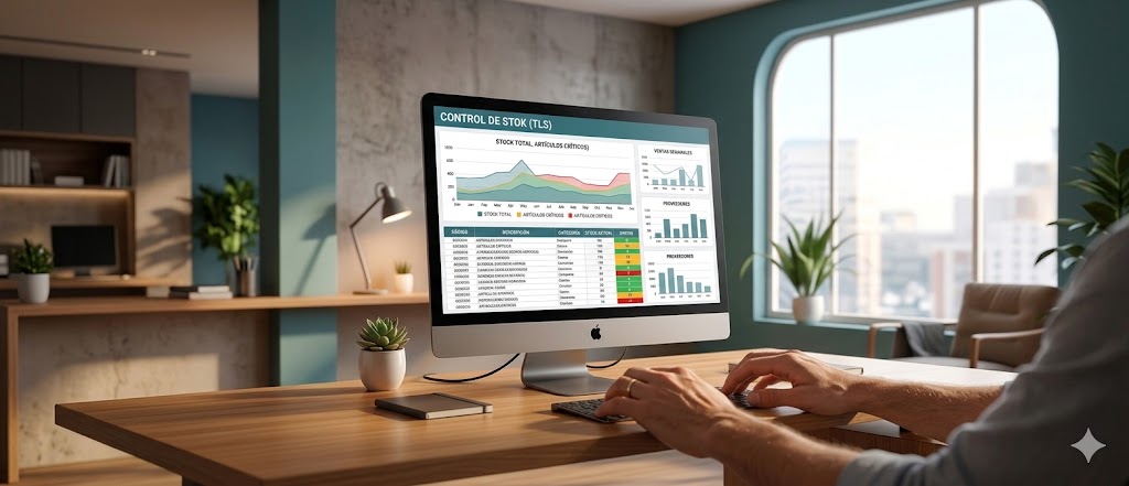 Oficina con StockTalsoft en pantalla: control de stock y valorización