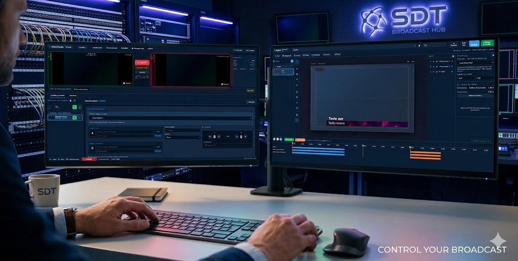 Ambiente de control de TV con el operador emitiendo gráficos en vivo desde WebCG en el navegador